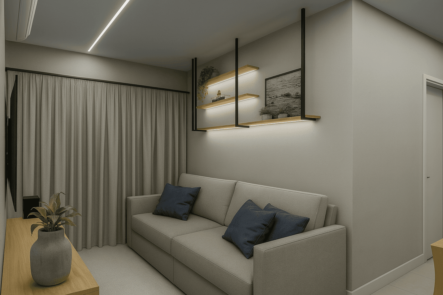 Projeto Residência Minimalista Elegante - Apartamento que combina sofisticação e praticidade através do design minimalista. Tons neutros, linhas limpas e móveis funcionais criam uma atmosfera serena. A cozinha integrada e os ambientes fluidos proporcionam uma experiência de vida moderna e confortável.