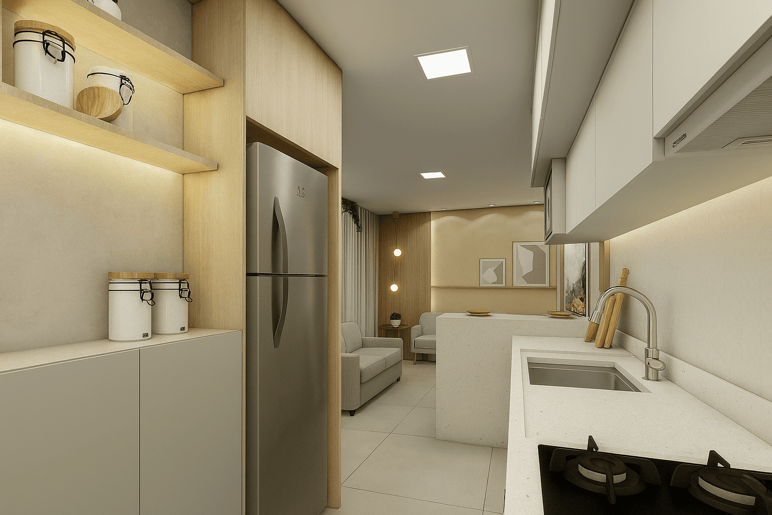 Projeto Casa dos Tons Dourados - Projeto de interiores que explora a calidez dos tons amarelos e dourados. Ambientes aconchegantes com uma paleta vibrante e acolhedora, onde cada elemento foi cuidadosamente selecionado. A cozinha gourmet e sala integrada criam um espaço perfeito para convivência familiar.